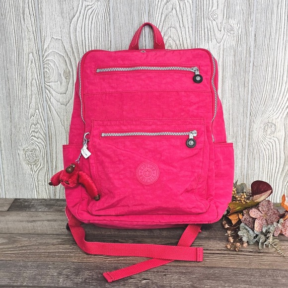 Kipling Caity Hot Pink Nylon Book Bag Backpack Monkey Keychain School Travel - Picture 1 of 12